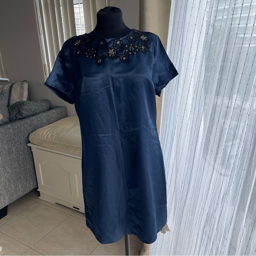 Love Label Navy Blue Satin Dress Lace Beads Gems Rhinestones Sz14 UK / 10 US